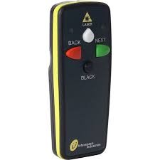 Wireless handheld transmitter (black/yellow) with three buttons and laser pointer