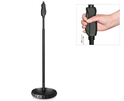 HEAVY-DUTY MICROPHONE STAND WITH DOUBLE THREAD FITTINGS 3/8" & 5/8".  ROUND BASE. ONE-HANDED HEIGHT ADJUSTMENT. METALLIC BASE. INCLUDES CABLE CLIP