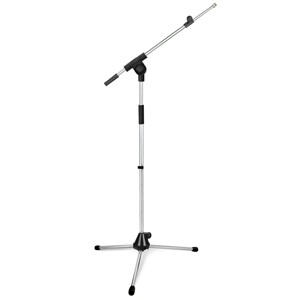 HEAVY-DUTY MICROPHONE STAND WITH TELESCOPIC BOOM ARM. CHROME WITH DOUBLE THREAD FITTINGS 3/8" & 5/8". METALLIC BASE & BLOCKING SYSTEM. INCLUDES CABLE CLIP