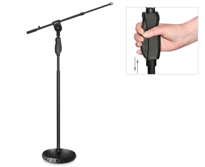 HEAVY-DUTY MICROPHONE STAND WITH TELESCOPIC BOOM ARM. DOUBLE THREAD FITTINGS 3/8" & 5/8".  ROUND BASE. ONE-HANDED HEIGHT ADJUSTMENT. METALLIC BASE. INCLUDES CABLE CLIP