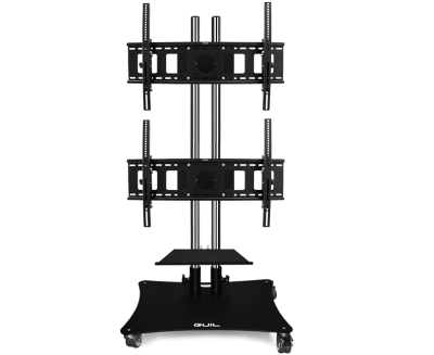 HEAVY-DUTY MOBILE STAND FOR TWO TV SCREENS (ADJUSTABLE FROM 32" TO 65") WITH TWO STAINLESS STEEL MASTS WITH CABLE HOLES. ASSEMBLY KIT & 1 PTR-08/B SHELF INCLUDED