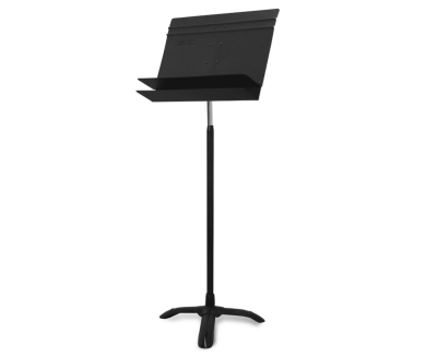 ORCHESTRA MUSIC STAND WITH METALLIC DOUBLE SHELF & ONE-HAND HEIGHT ADJUSTMENT. FIXED BASE FOR SMALL SPACES
