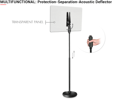 PROTECTION SCREEN - SEPARATION SCREEN ADJUSTABLE IN HEIGHT WITH ROUND BASE. 60 x 40 cm TRANSPARENT SCREEN (5 mm THICK). ONE HAND HEIGHT ADJUSTMENT