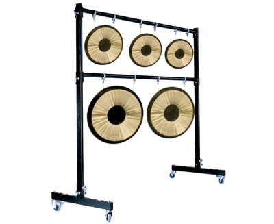 STAND FOR MULTIPLE GONGS WITH ALUMINIUM COUPLERS AND SWIVEL CASTORS, 2 WITH BRAKES. HEIGHT ADJUSTABLE