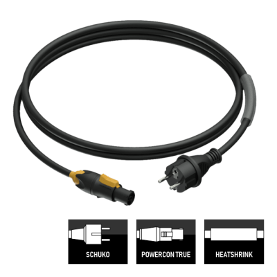 Powercable rubber schuko to powercon true, 3*1.5mm2, 3m with clear heatshrink for identification