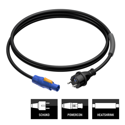 Powercable rubber schuko to powercon blue, 3*1.5mm2, 1.5m with clear heatshrink for identification