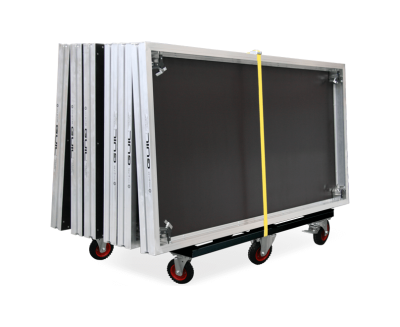 TROLLEY TO TRANSPORT SAFETY RAILS. TURNS 360º ON A CENTRAL AXIS FOR EASY MANOEUVRABILITY. COMPACT DESIGN FOR DOORWAY ACCESS. COMES WITH 6 WHEELS: 2 STATIC & 4 SWIVELLING, 2 OF THEM WITH BRAKES