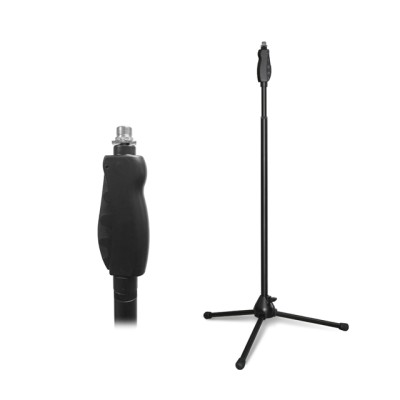 HEAVY-DUTY MICROPHONE STAND WITH DOUBLE THREAD FITTINGS 3/8" & 5/8".  ONE-HANDED HEIGHT ADJUSTMENT. METALLIC BASE. INCLUDES CABLE CLIP