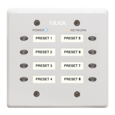 8 programmable, selectable On/Off push buttons on a 2-gang size aluminium panel in white.