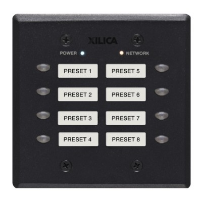 8 programmable, selectable On/Off push buttons on a 2-gang size aluminium panel in black.
