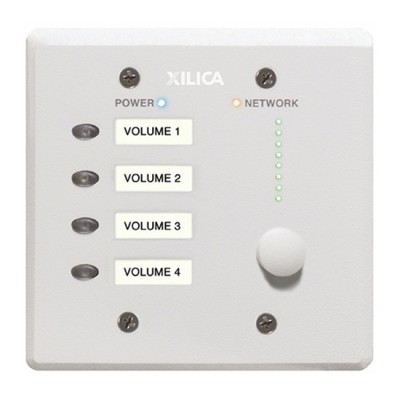 4 programmable, selectable On/Off push buttons, one independent, programmable level control on a 2-gang size aluminium panel in white.