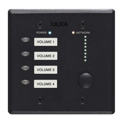 4 programmable, selectable On/Off push buttons, one independent, programmable level control on a 2-gang size aluminium panel in black.