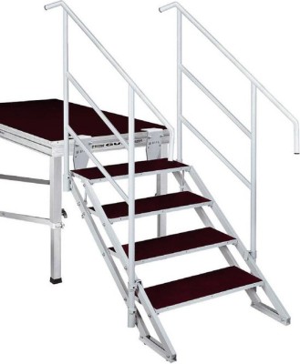 escalier ajustable (4 marches) pour pratiquables de 70 à 130 cm de hauteur. founir avec deux rampes d'accès et connecteurs / adjustable stair (4 steps) for stages with heights from 70 to 130 cm. two handrails and connectors included