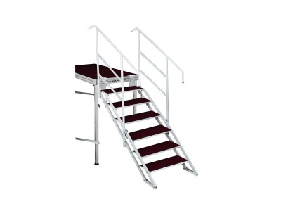 escalier ajustable (6 marches) pour pratiquables de 90 à 180 cm de hauteur. founir avec deux rampes d'accès et connecteurs / adjustable stair (6 steps) for stages with heights from 90 to 180 cm. two handrails and connectors included