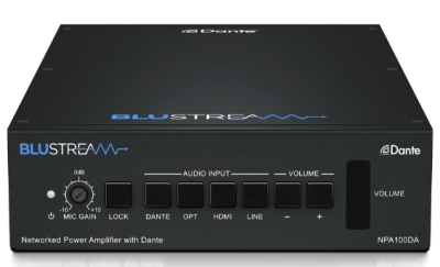Blustream NPA100DA Networked Power Amplifier with Dante, HDMI ARC, Optical S/PDIF, Mic Input including 48V Phantom Power, DSP. PoE++