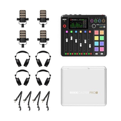 RØDECaster Pro II Integrated Podcast Production Console with Plastic Cover, 4 Podmics, 4 PSA-1 deskstands and 4 NTH-100 headphones