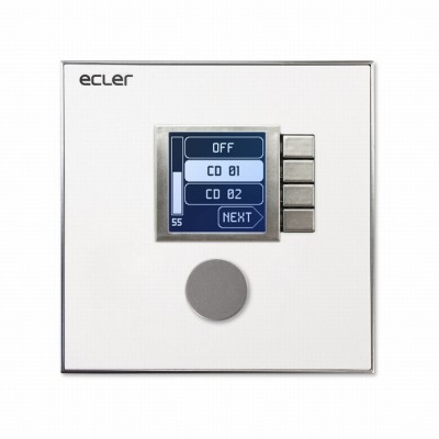 Ecler EclerNet compatible wall panel. It features a LCD screen, encoder and 4 selection keys. Works perfectly to enable volume control, source and preset selection functions. Ethernet interface. PoE or local power supply.