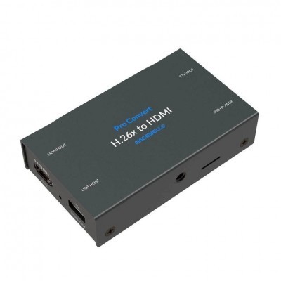 standalone device to decode the mainstream IP streams into HD HDMI. The supported protocols and formats, include RTMP, RTSP, HTTP, TS over UDP, TS over SRT, TS over RTP and H.264/HEVC. Accessories included are one power adapter (Part 98010), one USB