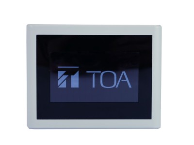 Touch screen controlepaneel met in / out signaalrouting en volumeregeling.  Panneau de contrôle à écran tactile avec routage du signal d'entrée / de sortie et réglage du volume.