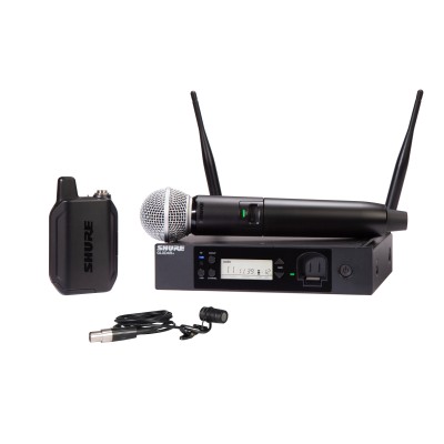 Shure SM58® microphone handheld, WL185 lavalier microphone, half-rack GLXD4R+ receiver 123