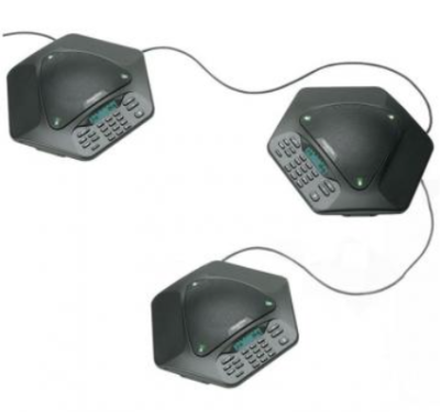 Includes three VoIP conference phones, one base unit, and connecting cables