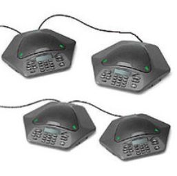 Includes four VoIP conference phones, one base unit, and connecting cables