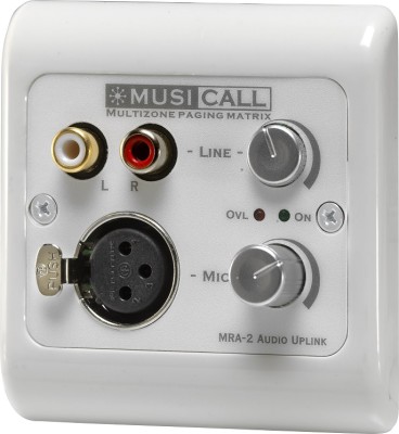 Dual mono audio input for Mic and Line signals, with mixing controls. Color whit