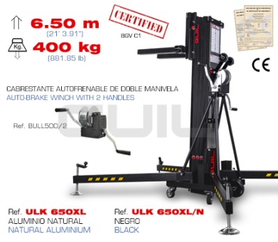 LIFTING TOWER. MAXIMUM HEIGHT: 6.50 m / MAXIMUM LOAD: 400 kg / FOLDED DIMENSIONS