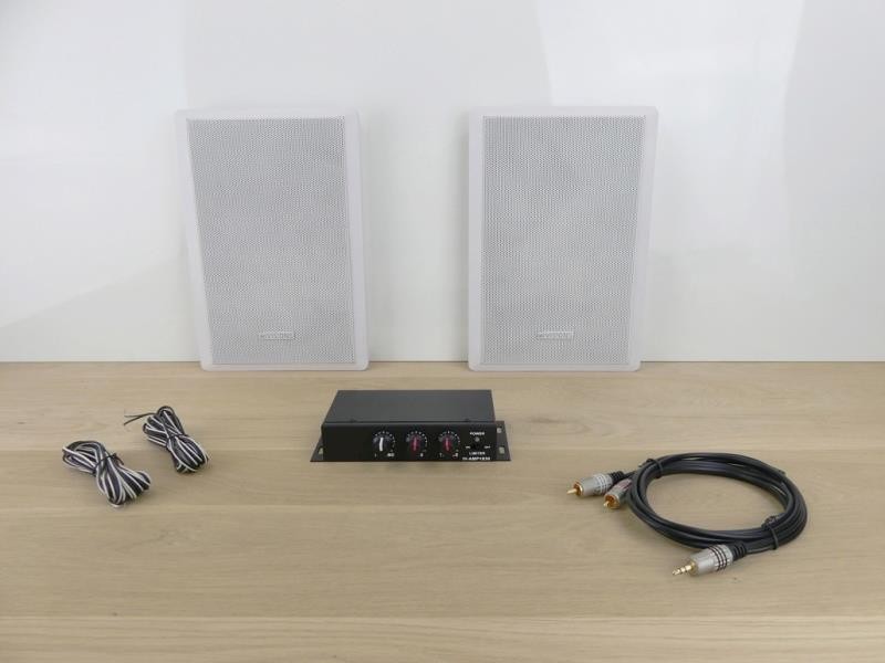 Typisch spellen Literatuur 2 platte 40W muur speakers (wit) en mini-versterker 2x40W - Bekafun