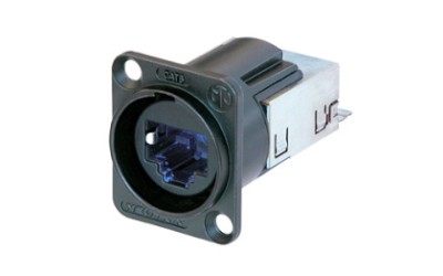 The etherCON CAT6 D-shape panel connectors with black metal housing and secure