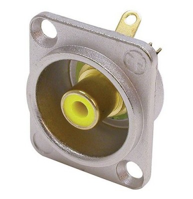 Phono socket in nickel D-shape housing, yellow isolation washers, solder version