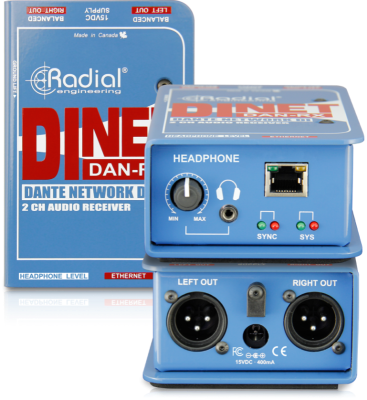 Dante network RX, digital i/p & stereo analog o/p