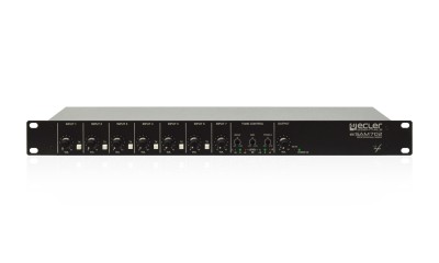 Ecler Installation audio mixer in standard rack format, featuring 6 MIC/LINE ST inputs, 1 LINE ST input, 1 main mix balanced output and one AUX/REC additional output. It includes a 3 band tone control section, Talkover (priority) function assignable