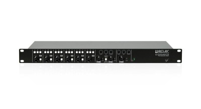Ecler 6 inputs and 3 outputs installation audio mixer. Inputs: 1x MIC, 4x MIC/LINE ST, 1x LINE ST. Outputs: 1x ST (A/B) and 1x MONO (C). A/B output can operates in ST/MONO mode. Each input can be routed to output A, B and/or C. It includes a 3 band t